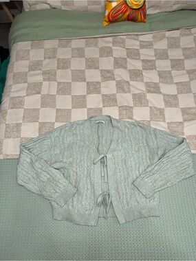 Pigalle Sage Green Cable Knit Cropped Cardigan Tie Front Bow Sweater Womens S